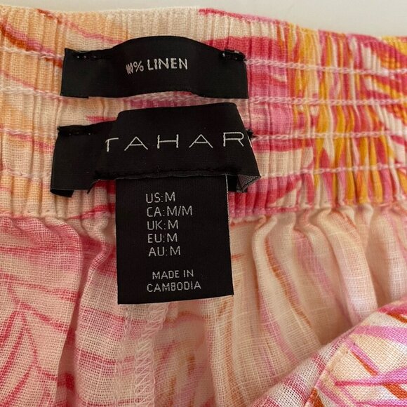 Tahari 100% Linen Cropped Wide Leg Pants M Pink Palm Print Tropical Beach Cruise - Picture 4 of 10